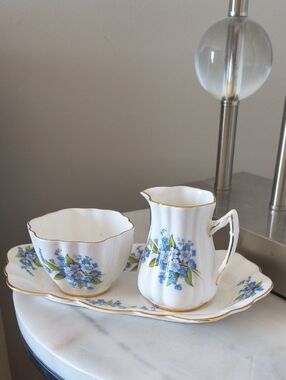 Blue Floral Porcelain Creamer, Sugar Bowl & Tray Set with Gold Trim